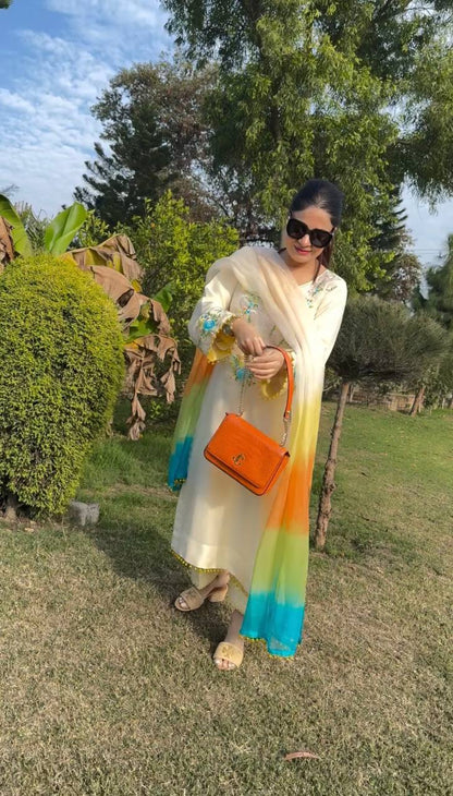 Moss Satin Embroidered Top with Pant and Organza Silk Dupatta