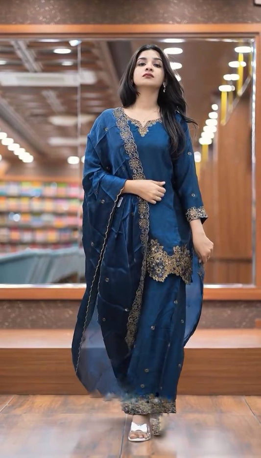 Blue Jimmy Choo Silk Embroidered Suit with Dupatta