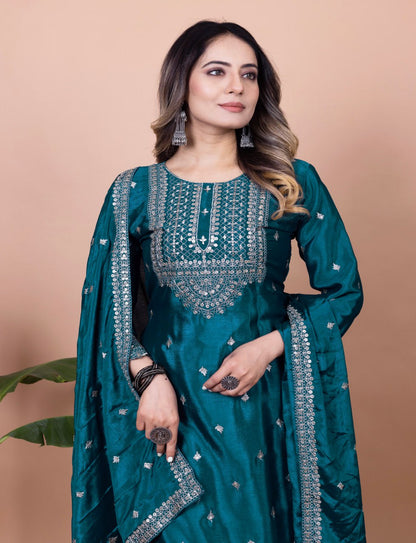 Firozi Blue Chinon Sharara Suit with Heavy Sequence Embroidery
