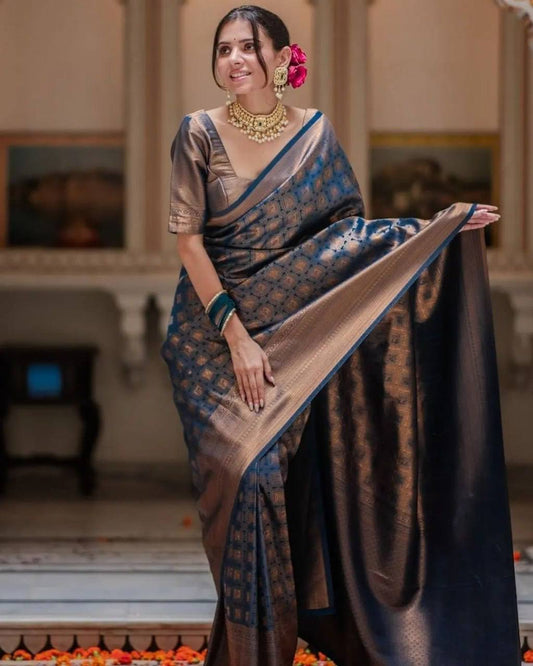 Soft Lichi Silk Blue Saree with Rich Pallu & Heavy Brocade Jacquard Blouse