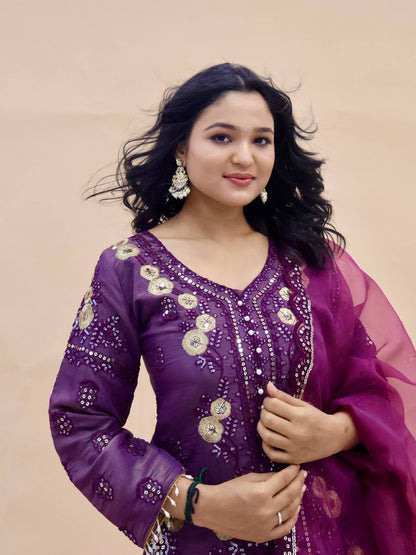 Purple Simar Silk Suit with Sequins Embroidery and Organza Dupatta