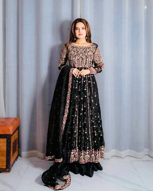 Black Fox Georgette Embroidered Suit Set with Dupatta