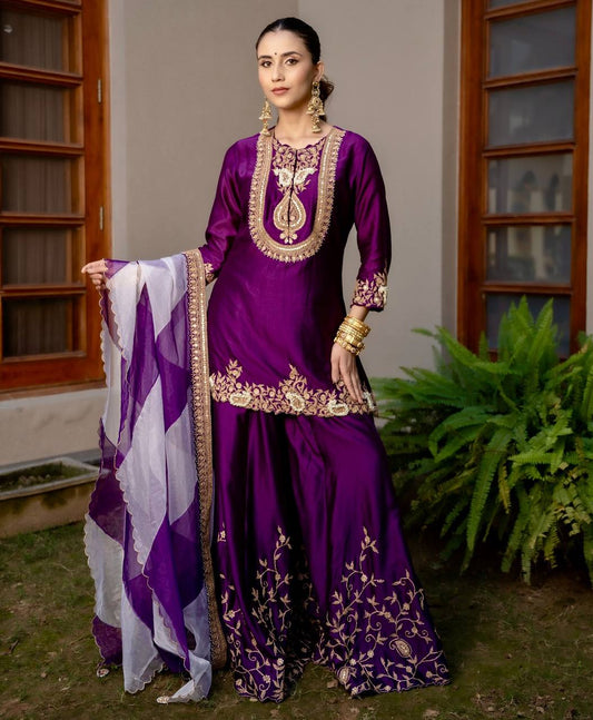 Heavy Purple Chinon Silk Sharara Suit with Embroidery and Printed Organza Dupatta