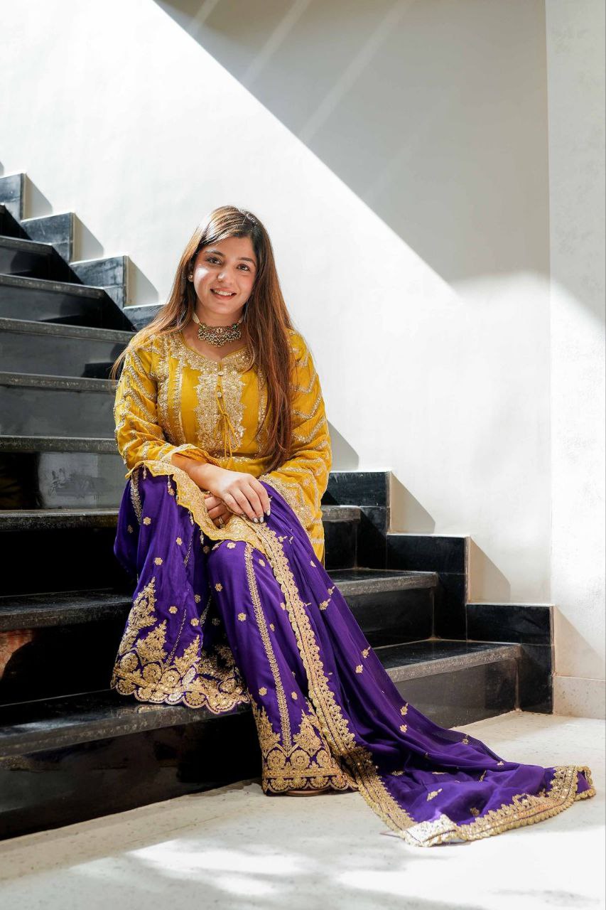 Heavy Yellow Chinon Silk Sharara Suit with Embroidery and Printed Dupatta