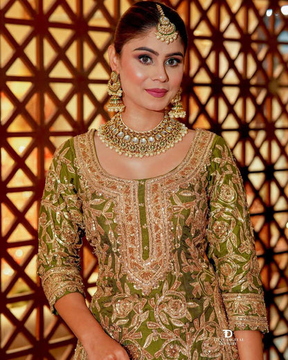 Elegant Heavy Green Chinon Silk Sharara Suit with Embroidery & Printed Dupatta