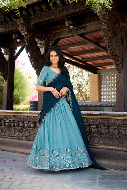 Silver Glosy Embroidered Sky Blue Lehenga Set with Hotfix Rangoli Silk Dupatta