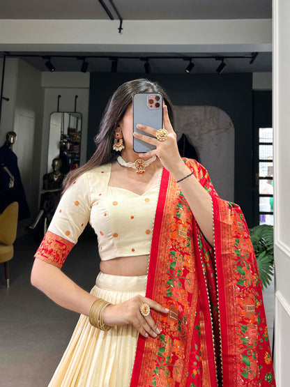 Off White Tussar Silk Lehenga Set with Printed Foil Work and Gotta Patti Dupatta