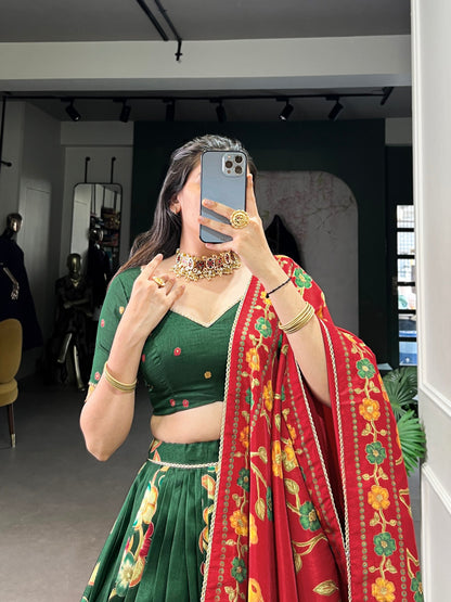 Green Tussar Silk Printed Lehenga Set with Foil Work and Gotta Patti Dupatta