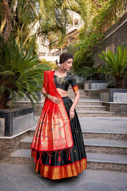 Black Jacquard Silk Paithani Lehenga Set with Zari Weaving and Tassel Dupatta