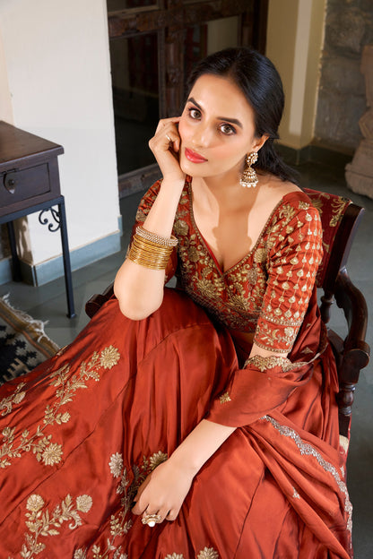 Red Rangoli Silk Lehenga Set with Sequins & Thread Embroidery