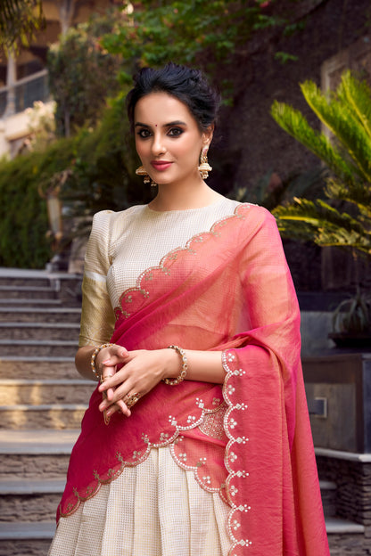 Jacquard Chex Lehenga Set with Zari Weaving and Embroidered Zari Shimmer Dupatta