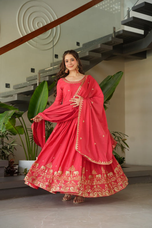 Pink Chinnon Embroidered Gown with Sequins Dupatta