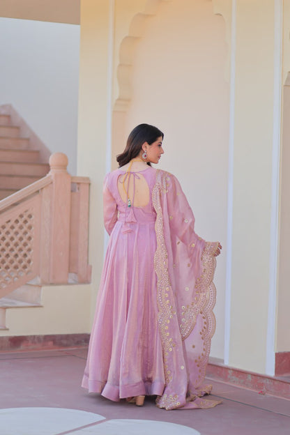 Lavender Fendy Chiffon 12-Kali Anarkali Gown with Embroidered Cut-Work Dupatta