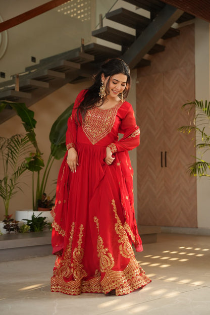 Red Fendy Chiffon 12-Kali Anarkali Gown with Embroidered Cut-Work Dupatta