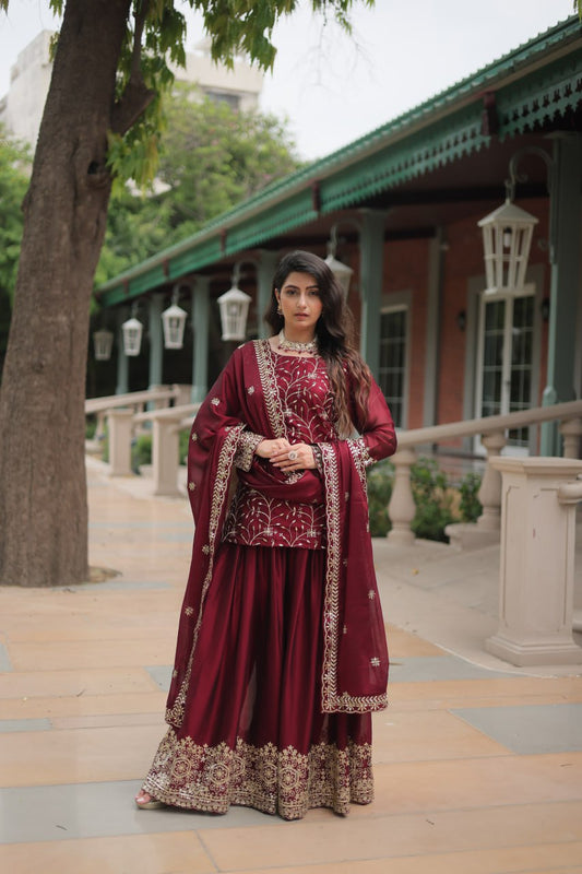 Premium Designer Readymade Maroon Kurti Plazoo Dupatta By Stylish Ethnic