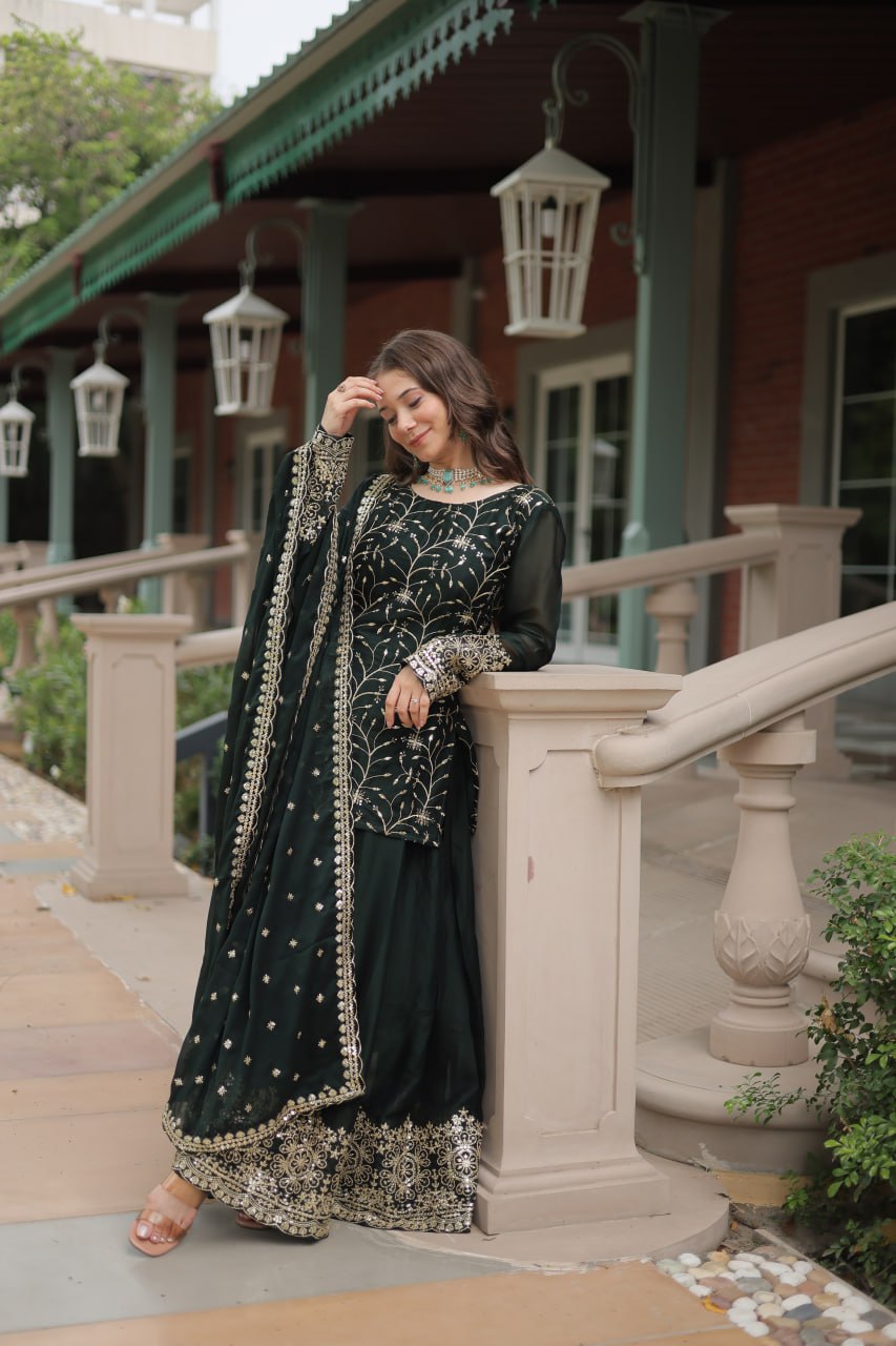 Premium Designer Readymade Green Kurti Plazoo Dupatta By Stylish Ethnic