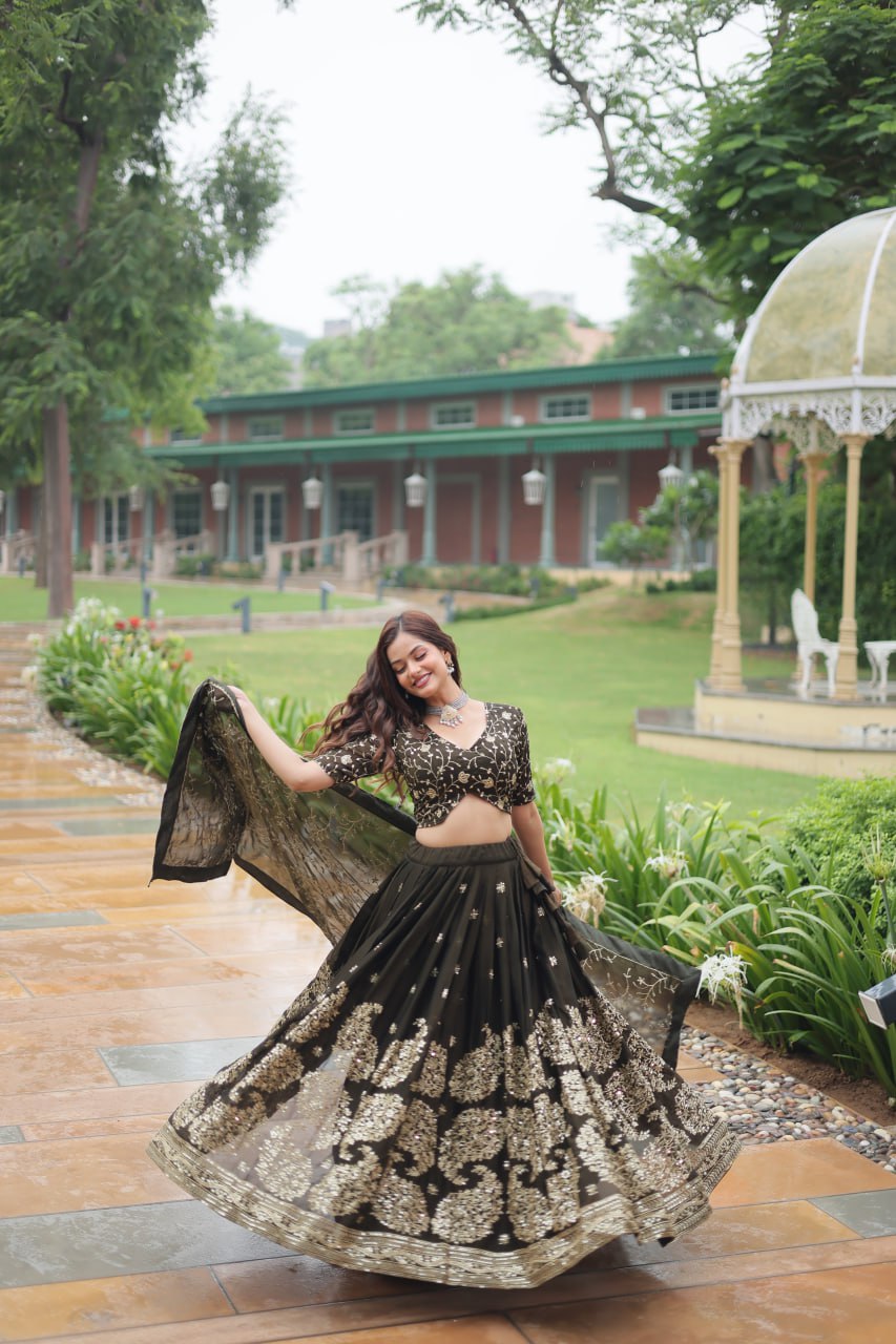 Green Rangoli Silk Embroidered Lehenga Set By Stylish Ethnic