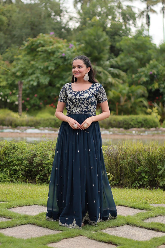 Peacock Blue Embroidered Georgette Flared Gown By Stylish Ethnic