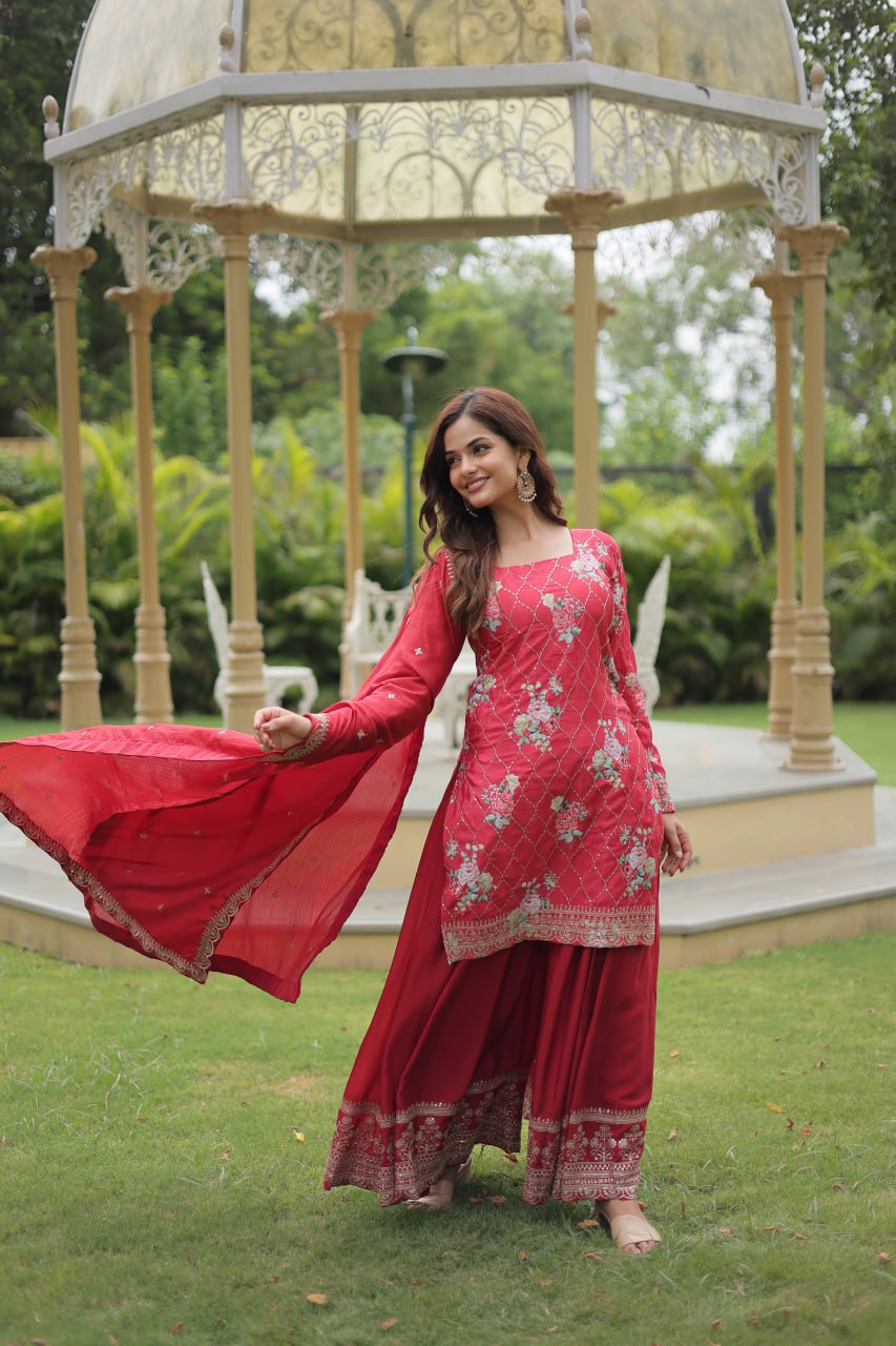 Rani Pink Color Chinnon Printed Plazzo Suit By Stylish Ethnic