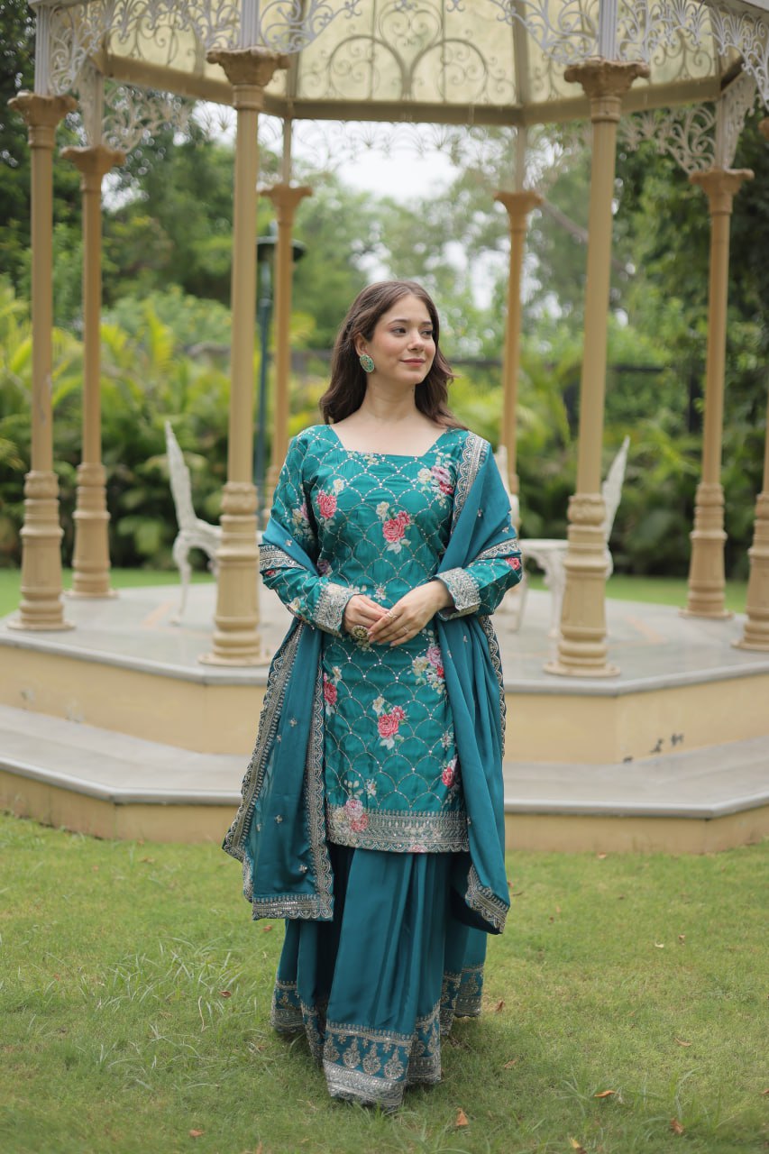 Firozi Blue Color Chinnon Printed Plazzo Suit By Stylish Ethnic