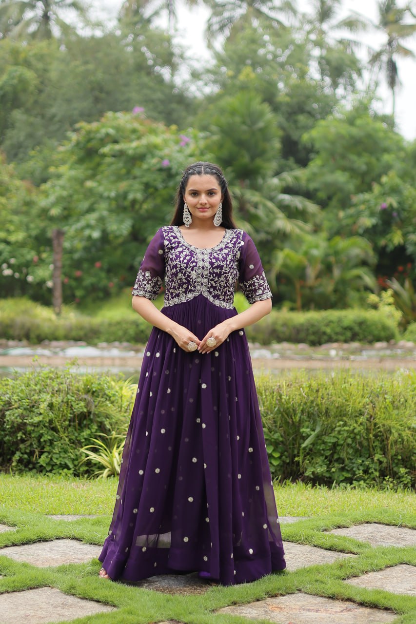 Purple Embroidered Faux Blooming Gown By Stylish Ethnic