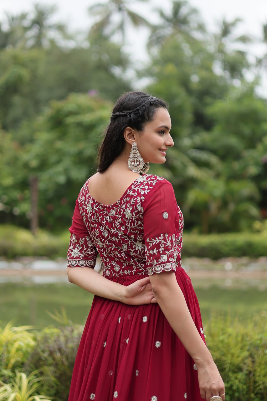 Maroon Embroidered Faux Blooming Gown By Stylish Ethnic