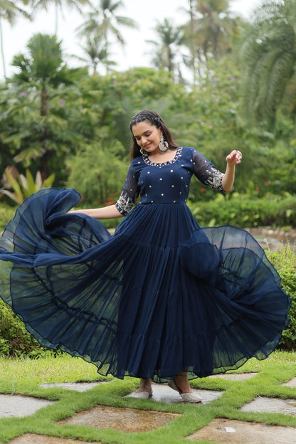 Blue Zari Sequin Embroidered Faux Blooming Gown By Stylish Ethnic