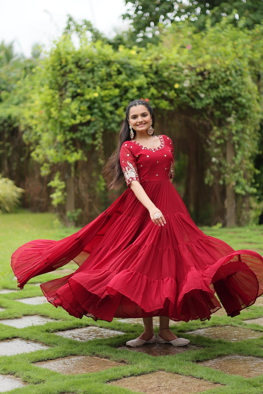 Maroon Zari Sequin Embroidered Faux Blooming Gown By Stylish Ethnic