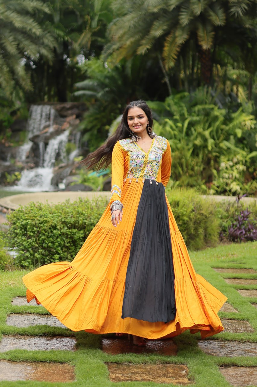 Mustard Color Reyon Gamthi Style Navratri Gown By Stylish Ethnic