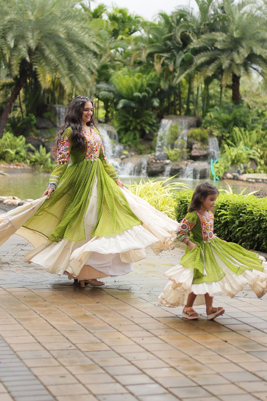 Mother Daughter Matching Lehenga With Gamthi Work Pista Green Navaratri Combo By Stylish Ethnic