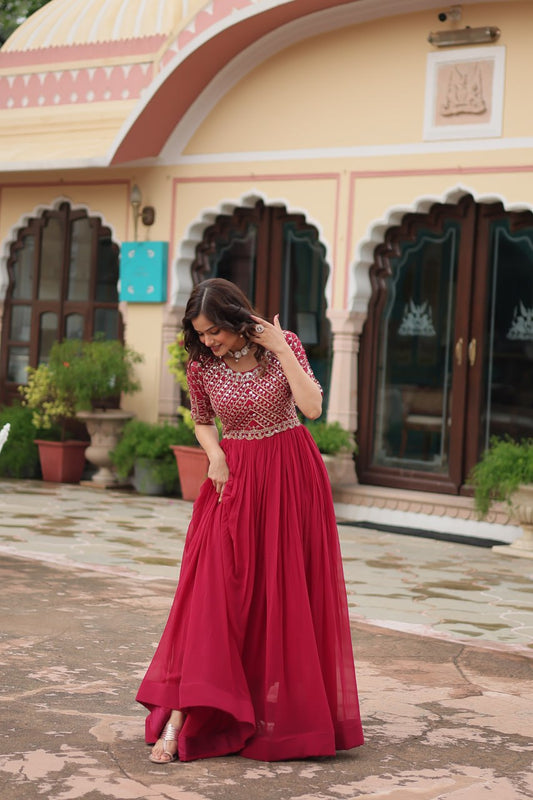 Embroidery Zari Work In Maroon Colour Long Gown By Stylish Ethnic
