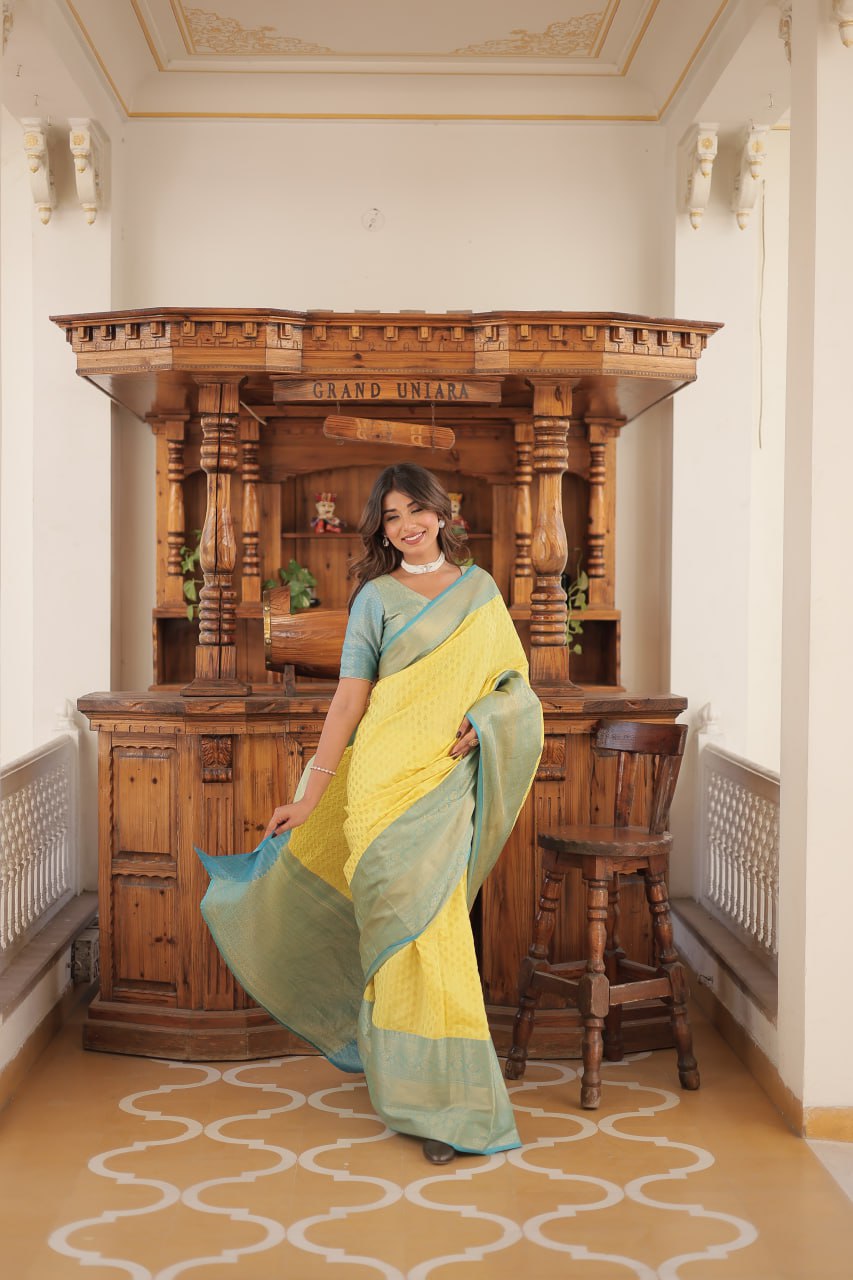 Yellow Color Kanjivaram Soft Silk Saree By Stylish Ethnic