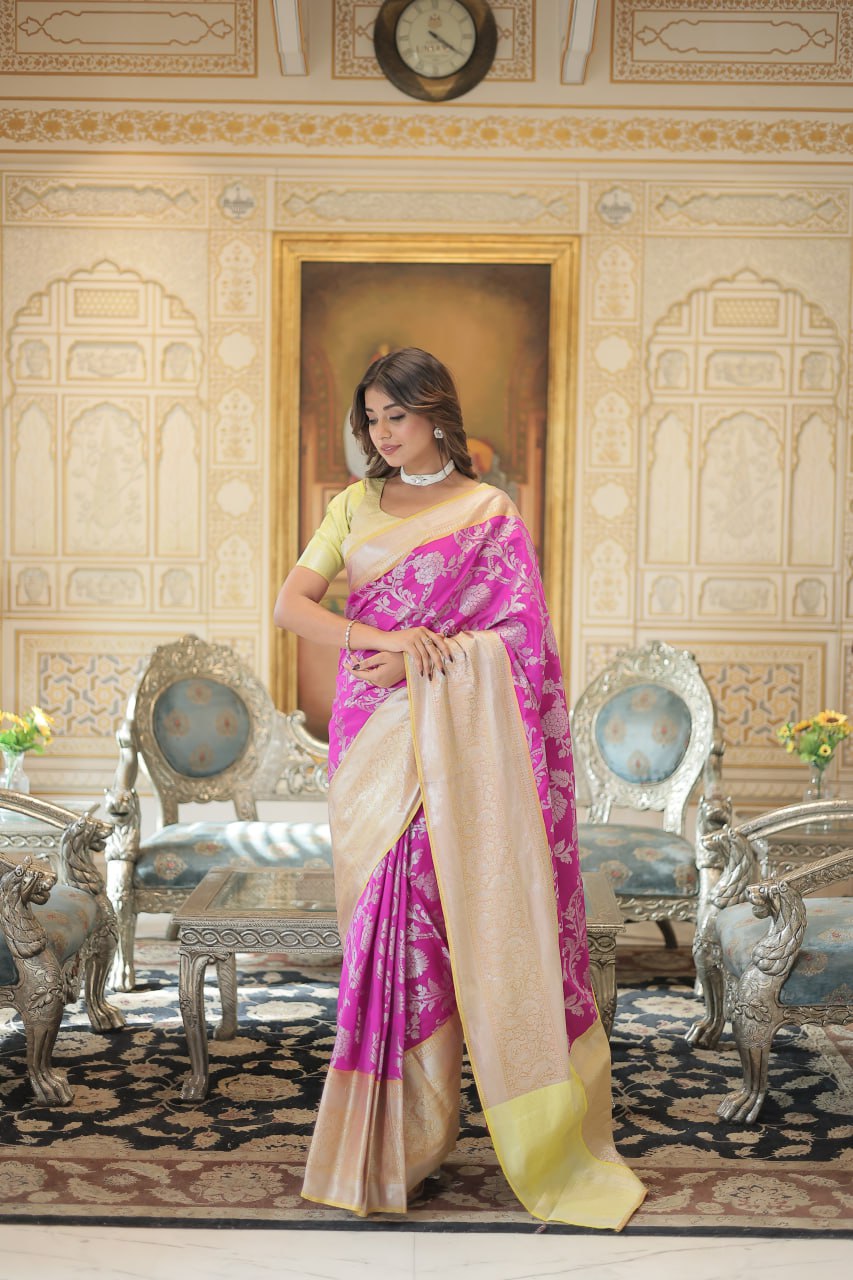 Kanjivaram Silk Pink Saree with Zari Weaving Work with Blouse By Stylish Ethnic