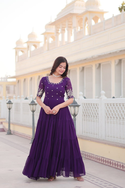Fascinating Purple Embroidered Georgette Festival Wear Gown By Stylish Ethnic