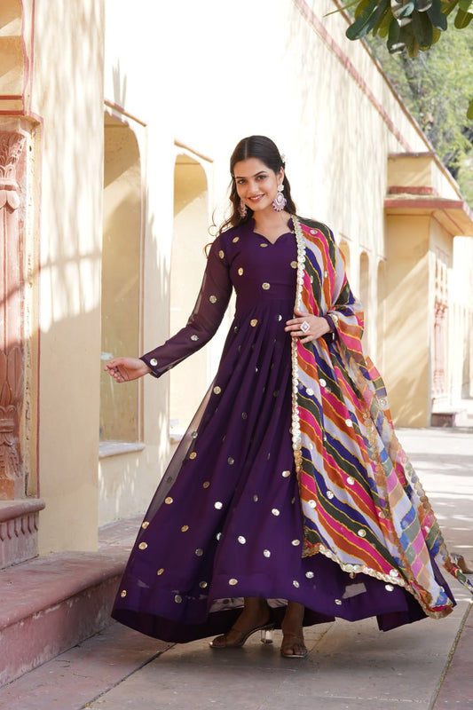 Designer Sequins Embroidered Purple Gown With Dupatta Set By Stylish Ethnic