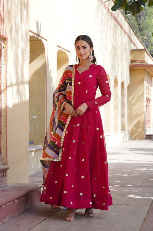Designer Sequins Embroidered Red Gown With Dupatta Set By Stylish Ethnic