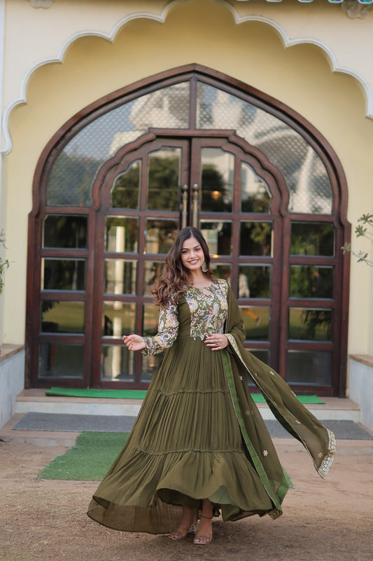 Mehendi Green Colour Premium Readymade Gown With Dupatta By Stylish Ethnic