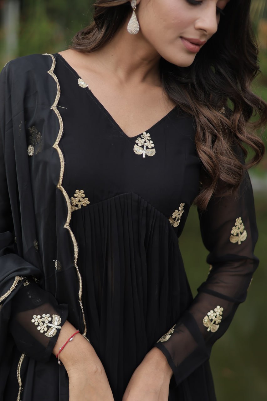 Black Nayra Cut Anarkali Suit with Embroidery Work