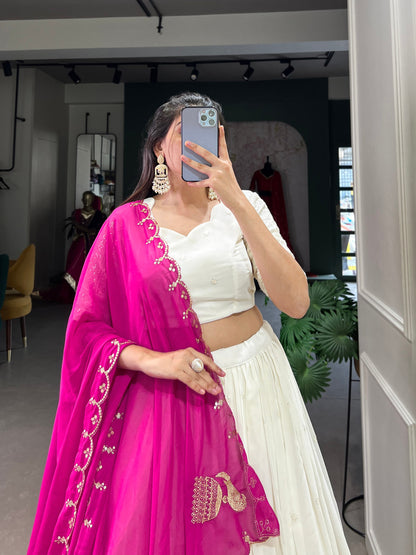 Georgette Lucknowi Paper Mirror Work Lehenga Choli  With Pink Dupptta