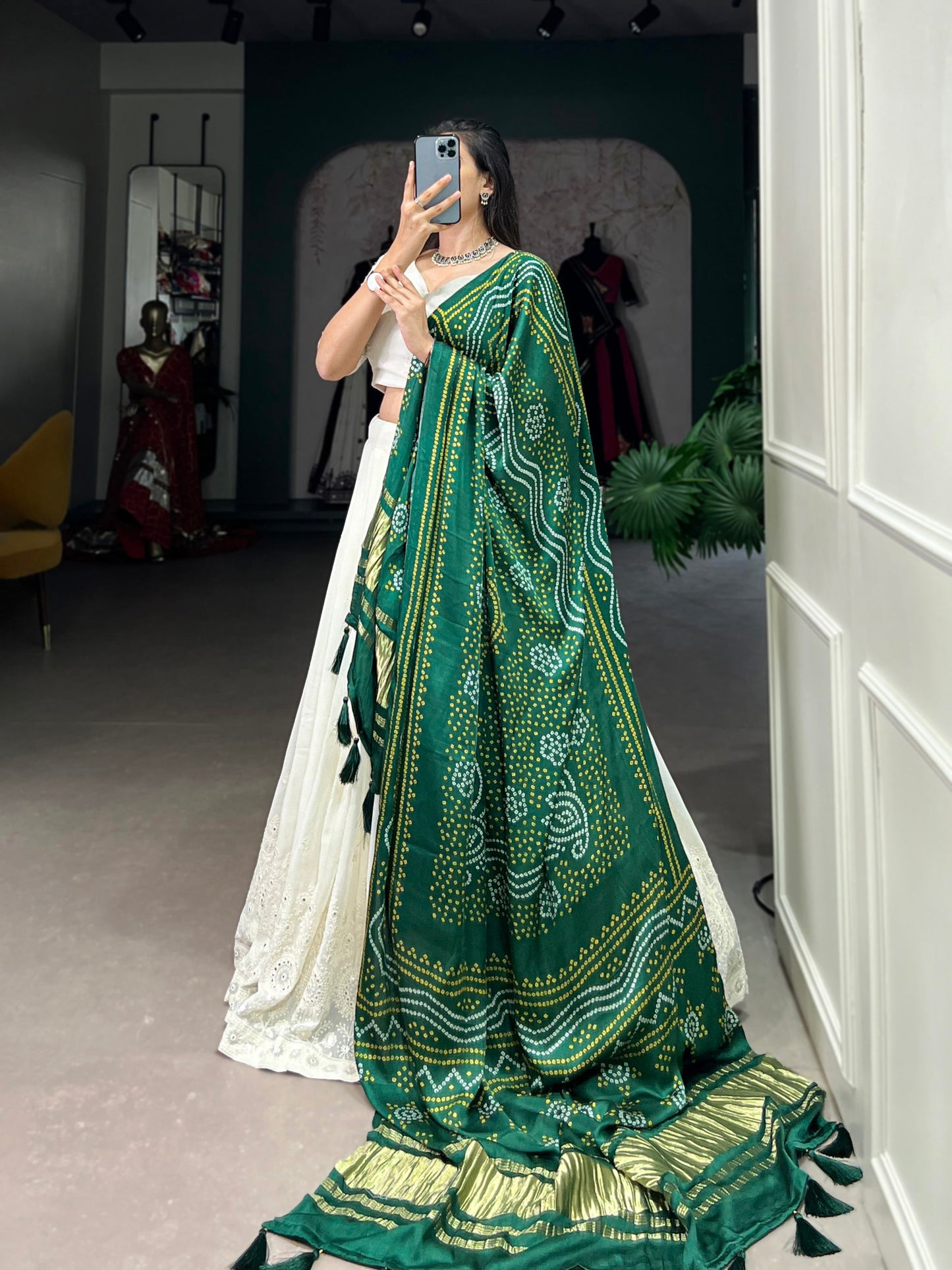 Off White Color Lucknowi Work Lehenga Choli With Gaji Silk Green Dupatta