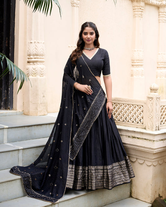 Grace and Beauty Pure Chanderi Sequin Embellished Black Lehenga