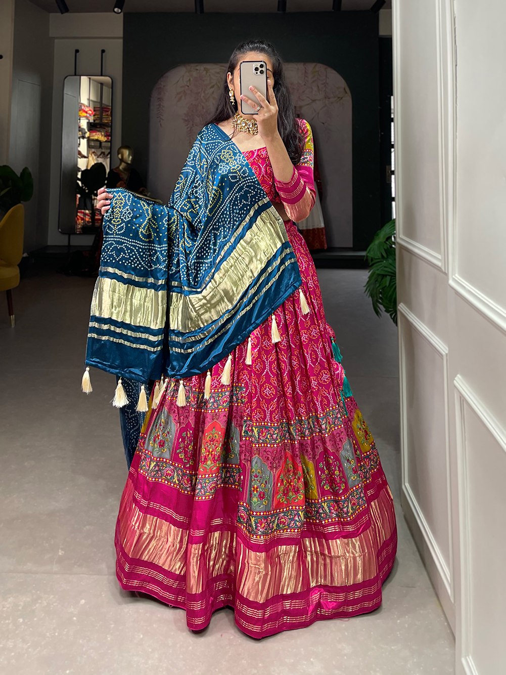 Exquisite Gaji Silk Rani Pink Lehenga Choli with Digital Print and Lagadi Patta