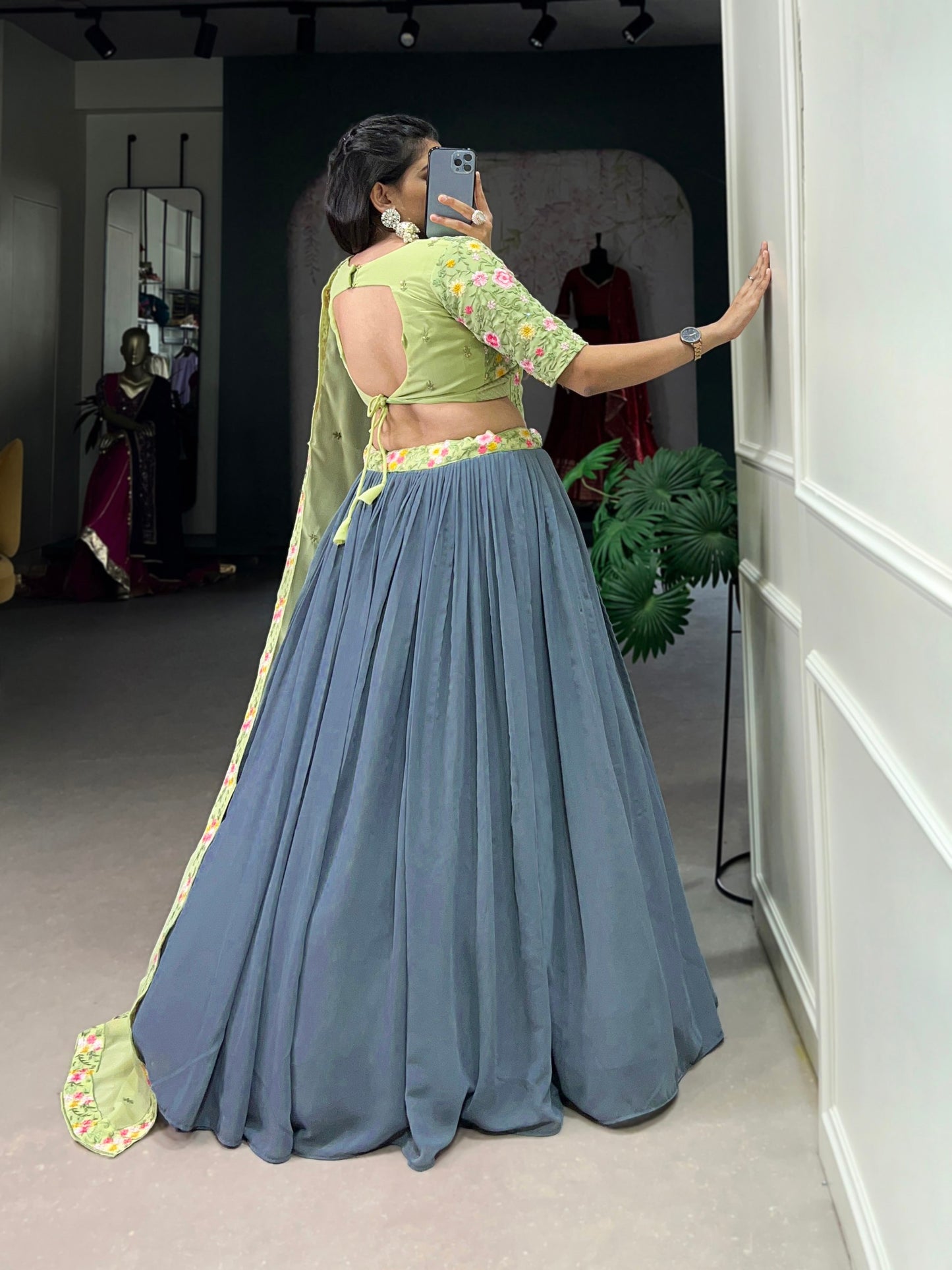 Lovely Grey Thread Embroidery Georgette Reception Wear Lehenga Choli