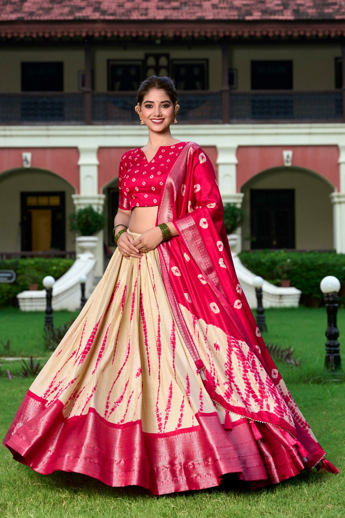 Red Color Dola Silk Shibori Print Zari Weaving Lehenga Choli