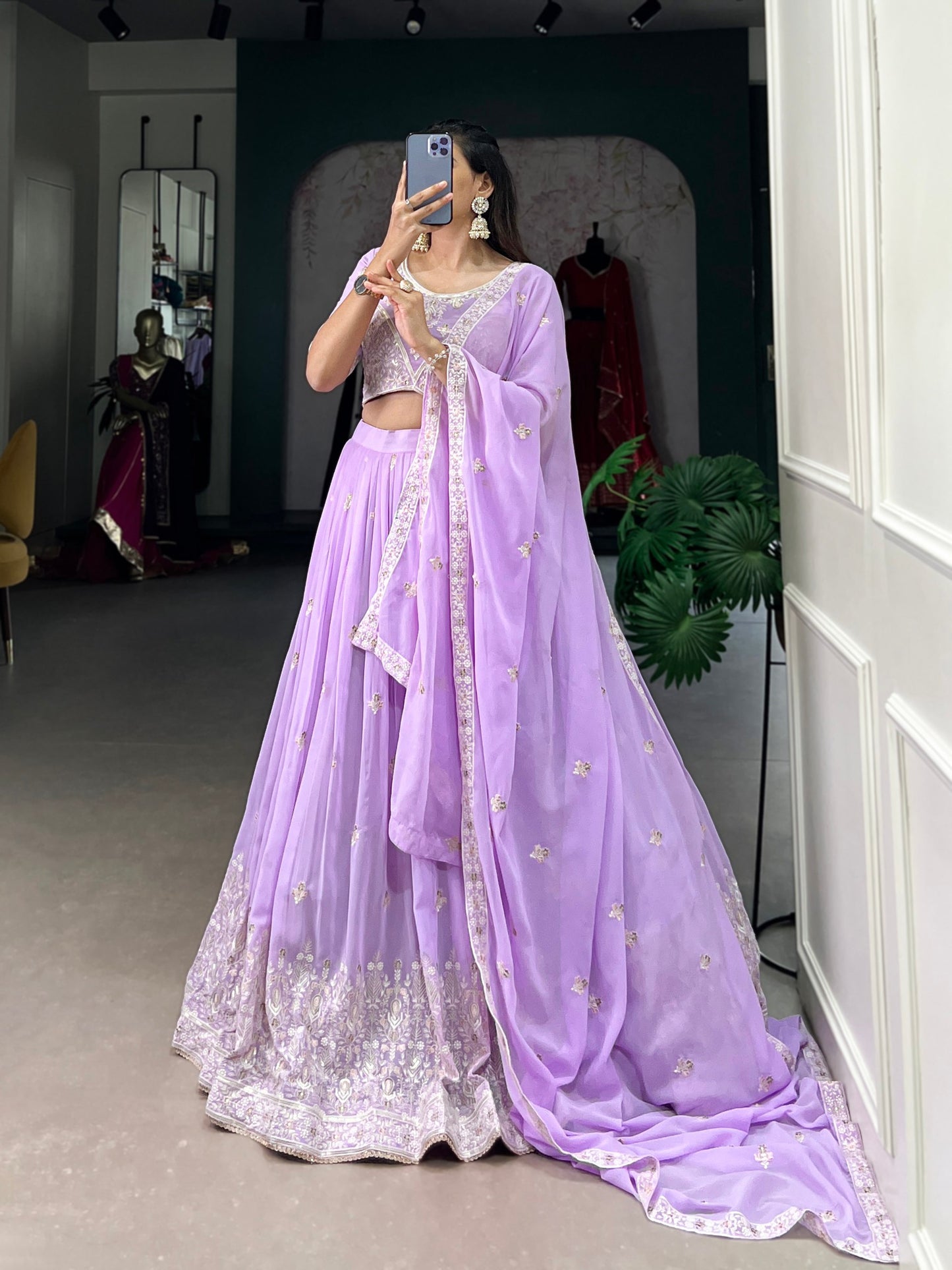 Amazing Lavender Thread Work Georgette Engagement Wear Lehenga Choli