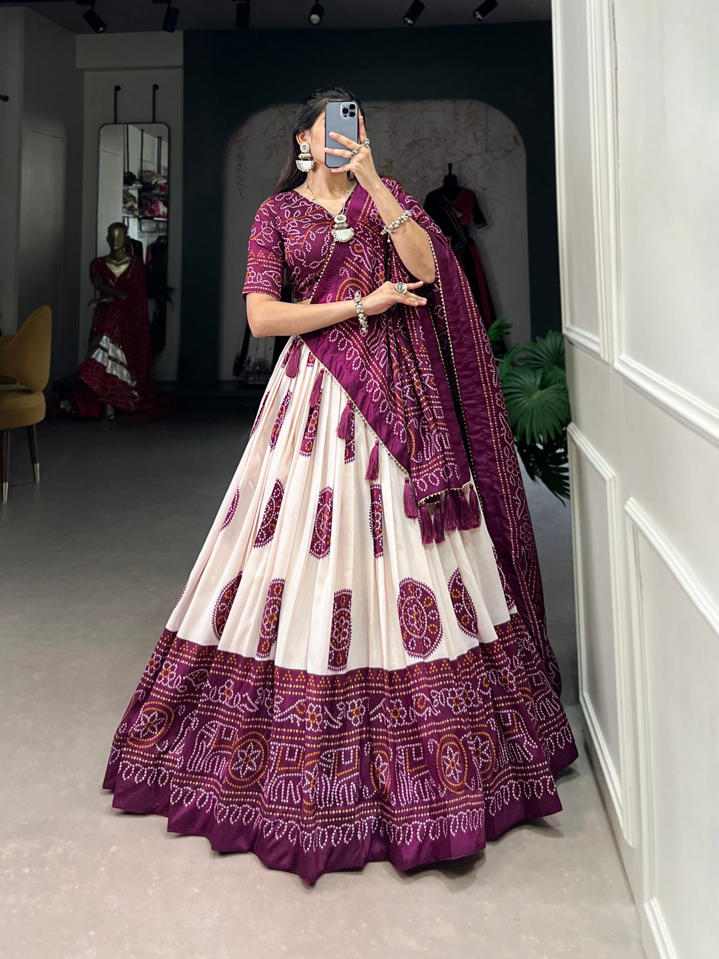 Striking Wine Color Bandhani Printed Tussar Silk Event Wear Lehenga Choli