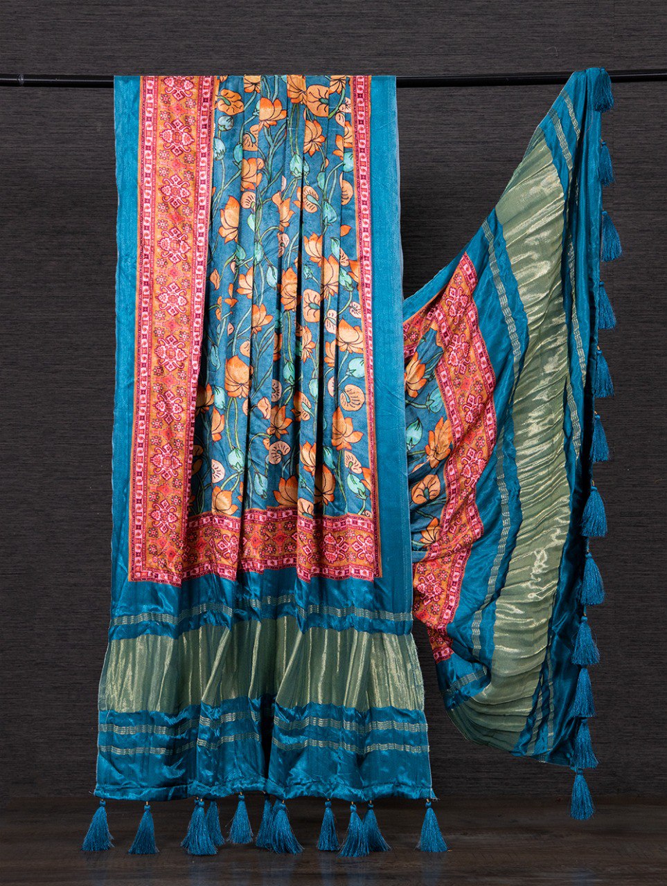 Pure Gaji Silk Floral Print Blue Colour Dupatta with Tassels