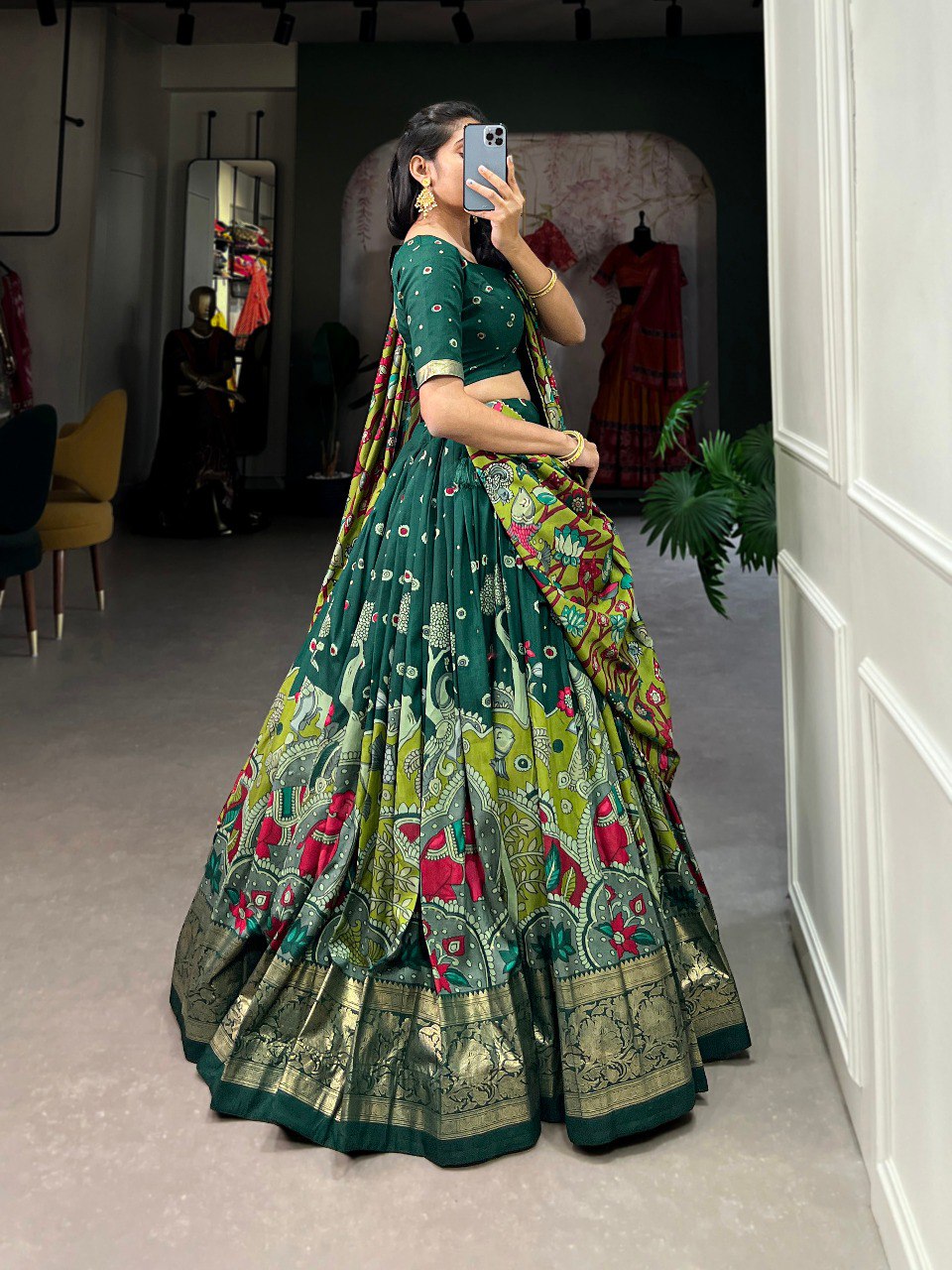 Green Printed Art Silk Lehenga Choli