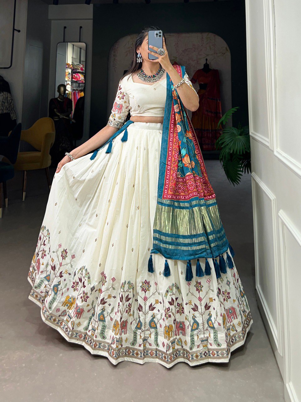 Lotus Design Sequins And Thread Embroidery Work Khadi Cotton Lehenga Choli With Peacock Blue Gaji Silk Dupatta