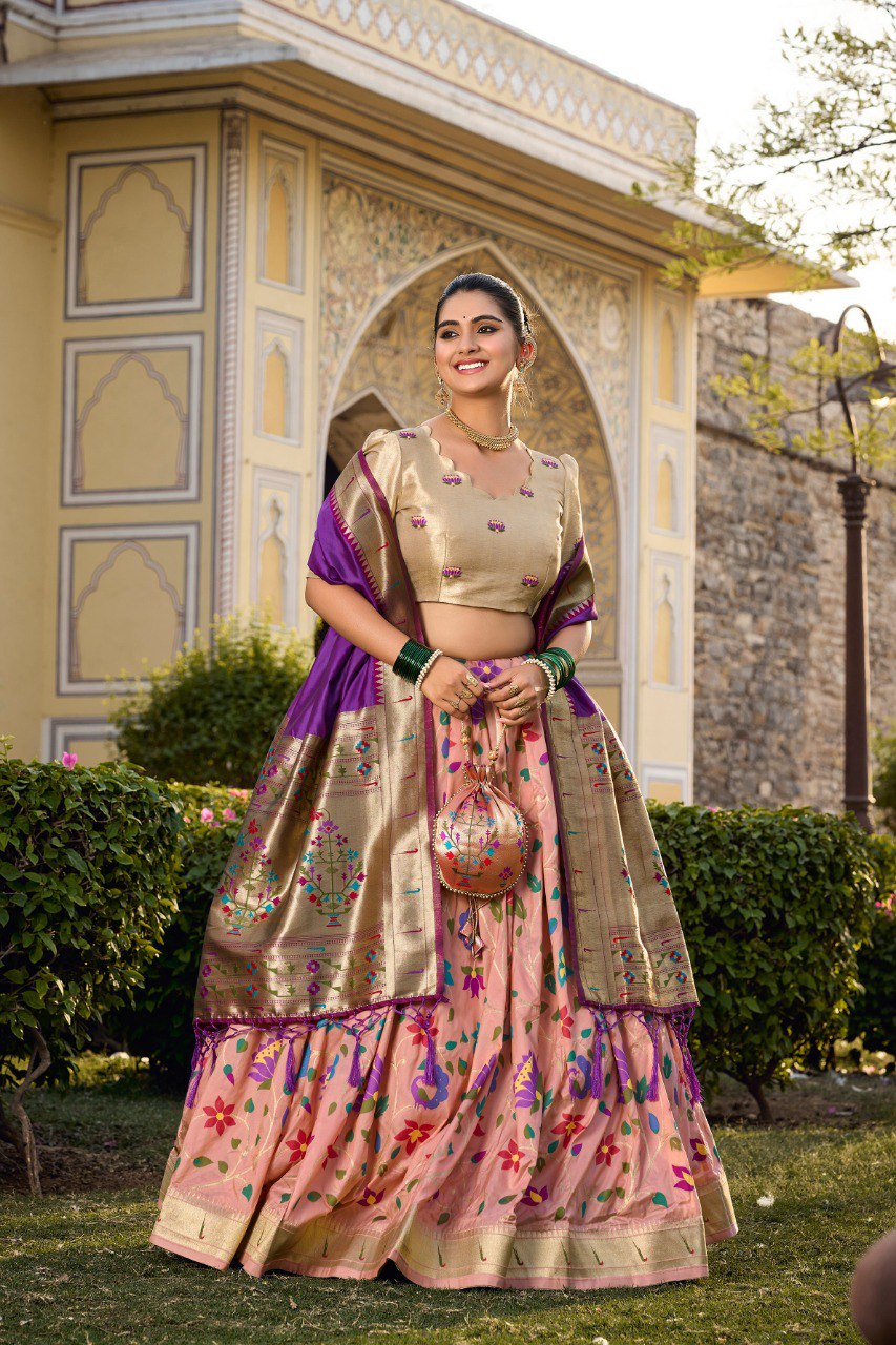 Peach Zari Woven Jacquard Silk Lehenga Set With Purse